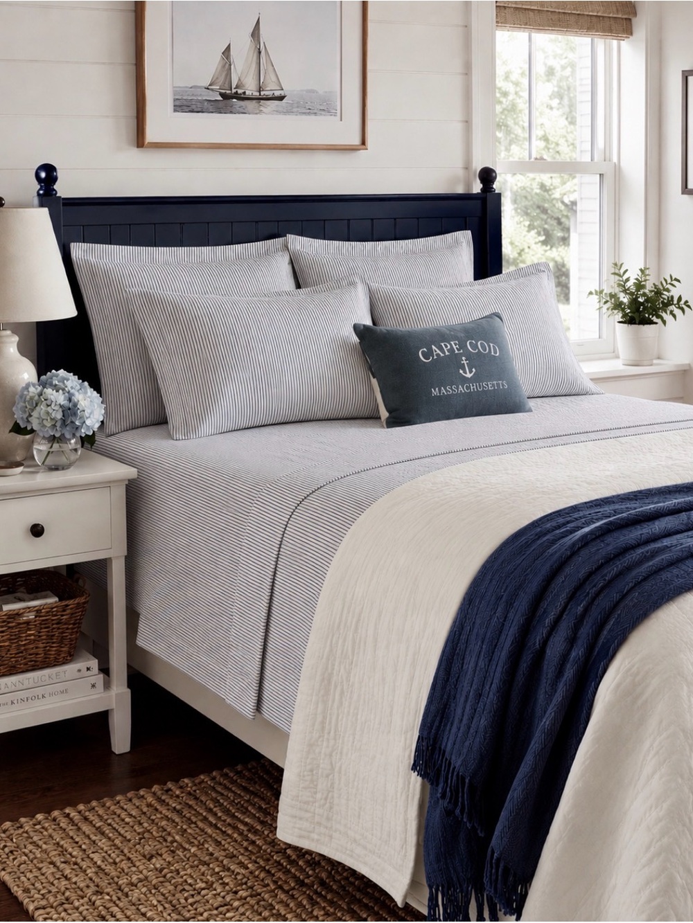 Brooks Brothers Navy and White Striped Sheet Set with Navy Accent Pillow
